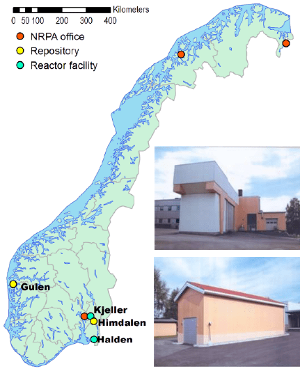 Fig.1On the left, the map of the main "workplaces" of NRPA. On the right, top, pit storage of spent fuel from JEEP II at Kjeller; bottom, again at Kjeller, spent fuel storage of the two "retired" reactors, JEEP I and NORA. At Halden's site spent fuel is stored in the same reactor building.
