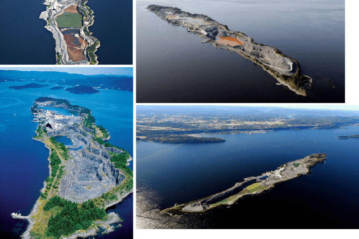 Fig. 7“Before the healing”. Langøya Island, in the Oslo fjord, located between Sweden and Norway, is 3 km long and 500 m width at most. Pictures are taken in different years, as can be noticed from some morphological changes. Despite heavy exploitation, vegetation and wildlife persist, encouraging a future restoration of the environment.