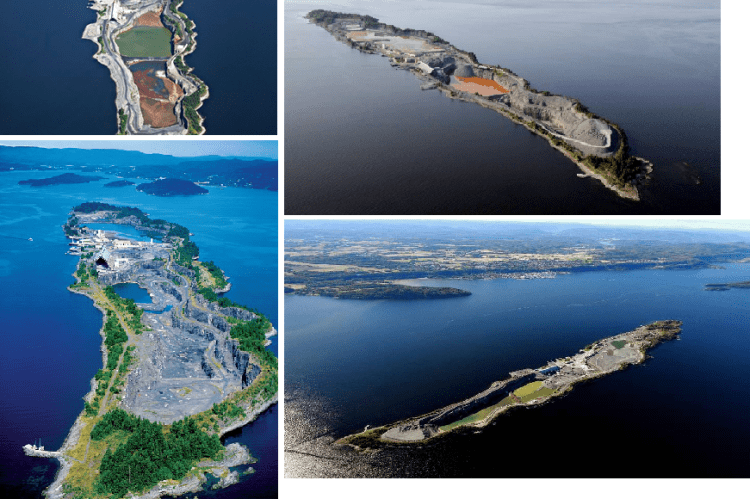 Fig. 7“Before the healing”. Langøya Island, in the Oslo fjord, located between Sweden and Norway, is 3 km long and 500 m width at most. Pictures are taken in different years, as can be noticed from some morphological changes. Despite heavy exploitation, vegetation and wildlife persist, encouraging a future restoration of the environment.