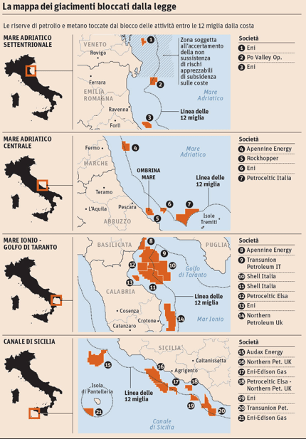 Mappa dei giacimenti interessati dal referendum (fonte Il Sole 24 Ore).