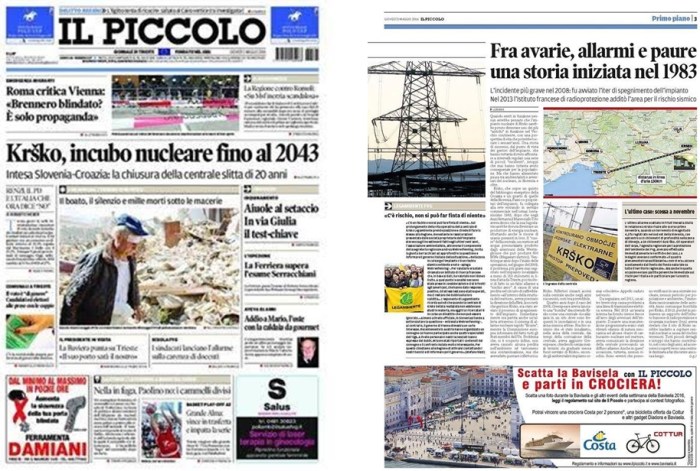 Figura 2: Edizione cartacea de “Il Piccolo” del 5 maggio 2016: la notizia dell'estensione ventennale dell'operatività della centrale viene dipinta come un “incubo” che si perpetua, “fra avarie, allarmi e paure”. 